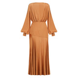 High-End Women's Deep V Shoulder Decoration Trumpet Sleeves Under The Open Fork Elegant Long Dress 68HZ