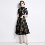 French High-End Lace Splicing Round Collar Dress Women's New Summer Waist Thin Temperament Big Swing Dress Dress 68HZ