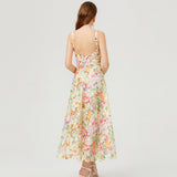 French Court Wind Shattered Flowers Hanging Dress Women's Summer Net Yarn Hollow Waist Design Chic Dress 68HZ