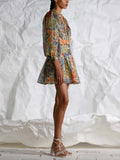 French Retro-Print Dress 2025 New Temperament V Tie Collar Collar Slimming Short Skirt Woman 68HZ