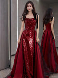 Evening Dress 2024 New Wine Red Slings High-End Temperament Famous Host Engagement Toast Dress 68HZ