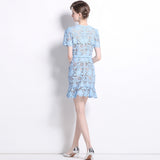 French Niche Temperament Light Blue Collar Lace Dress Water Drill Single Buckle Waist Skirt Woman 68HZ