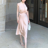 French Famous Lady Niche Design Gold Powder Champagne Top Tied With High-Waist Skirt Suit Female Summer 68HZ