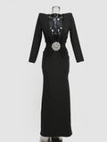 High-End Women's Sexy Deep V-Folded Long-Sleeved Dress Dress Long Dress Dress 68HZ