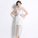 Summer New French Fashion Dinner Mature Dignified Salt Wind Hollow Rounded Sleeveless Dress 68HZ