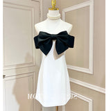The Temperament Of The Black And White Bumpy Bow Word Shoulder Tidly Strapped Shoulder Tight Belt A-Word Dress Is Not Skinny 68HZ