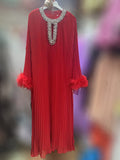 Spring And Autumn 2024 New Round-Necked Nail Pearl Feather Cuffs 100-Fold Loose Mid-Long Dress Dress Dress Women's Leisure 68HZ
