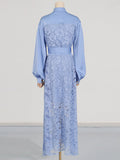 Spring 2025 New Women's Fashion Flip Lantern Long Sleeve Single Buckle Belt Lace Long Temperament Dress Woman 68HZ