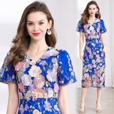 Summer Banquet Famous Wind V-Neck Bubble Sleeves Body-Brace Hip Three-Dimensional Flower Lace Dress 68HZ