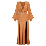 High-End Women's Deep V Shoulder Decoration Trumpet Sleeves Under The Open Fork Elegant Long Dress 68HZ