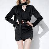 Vintage Small Black Dress Design With A Sense Of The Vertiny Dress Women's New Autumn Temperament V-Necked Wrinkles Skirt 68HZ