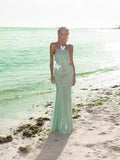 Boutique Women's Seaside Resort Design Sense Hanging Neck Sling Green Dress Heavy Fishtail Skirt 68HZ