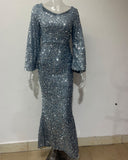 2024 New Fashion V-Necked Hips Brighten Dress Mid-Waisted Horn Sleeve Long Evening Dress 68HZ