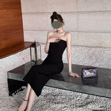 Gentle Temperament Folded Thin Elastic Brush Chest Open Fork Dress Solid Color Dress Shoulder Small Dress Dress 68HZ