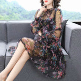Small Collar Long-Sleeved Print Lotus Leaf Side Black Dress Fashion Holiday Style New Women's Spring And Summer 2025 68HZ