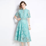 French High-End Lace Splicing Round Collar Dress Women's New Summer Waist Thin Temperament Big Swing Dress Dress 68HZ