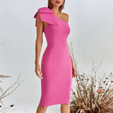 Rose Red New Fashion For One-Shoulder Bow In The Long Dress Bandage Dress 68HZ