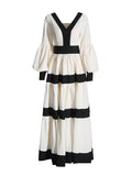 French V-Neck Lantern Sleeve Dress 2025 New Niche Colliding Color Design Long-Term Waist Dress Women's Summer 68HZ