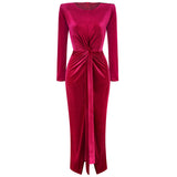 High-End Women's Fashion Round Collar Velvet Long Dress Tight Open Fork Dress Dress Long 68HZ