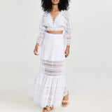 Australian Trendy Two-Piece Set 2025 New Fashion V-Neck Lace Embroidered Horn Sleeve Top + High-Waisted Long Dress 68HZ