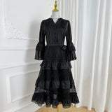 French Retro Court Hollow Lace Splicing Horn Sleeve Dress Female Waist Temperament Over Knee Cake Long Skirt 68HZ
