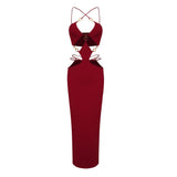 INS Hottie Sexy Bag Hip Dress Metal Ring Hanging Neck Sling Bare Back Hollow Bandage Dress Dress Dress 68HZ