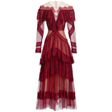 Vintage Round Collar Lotus Side Spliced Long Sleeve Elegant Lace Wine Red Dress Women's Autumn New 2025 68HZ