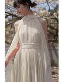 Fairy Apricot Chiffon Sleeveless Back Dress High Sense Gentle Chic And Flowing Holiday Dress 68HZ