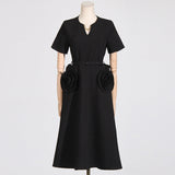 Elegant Wind V-Neck Waist-Skinny Dress 2025 New Niche Design Sense Splicing Three-Dimensional Flower Dress Woman 68HZ