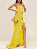 Elegant Wind One-Shoulder Dress Dress 2025 Summer New Splicing Wood Ear Slim Slim Open Fork Dress Woman 68HZ