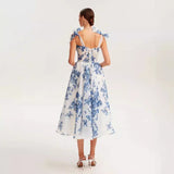 2024 French Super Fairy Holiday Sling Belt Sleeveless Waist-Free Blue Printed Dress Body-Drag Skirt 68HZ