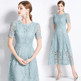 Summer Dress New Short-Sleeved Lace Dress Women's Long-Singed Flower Hollow Purple High-Waist Aa Skirt Thin 68HZ