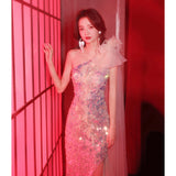 Evening Dress Dress Women's Shoulder Squins High-End Light Luxury Niche Host Banquet Temperament Party Flash Summer 68HZ