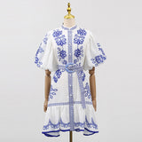 Art Style Single Row Buckle Bubble Sleeve Skirt 2025 New Retro Embroidery Sketch Design Short Dress Women's Summer 68HZ