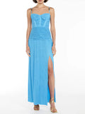 Famous Style Dress 2025 New Temperament Pure Color Folding Open Fork Design Sexy Long Dress 68HZ