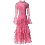 Vintage Style Collar Horn Long-Sleeved Water-So-Hook Flower Pink Dress Dress Summer And Autumn Women's New 2024 68HZ