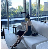 Gentle Temperament Folded Thin Elastic Brush Chest Open Fork Dress Solid Color Dress Shoulder Small Dress Dress 68HZ
