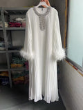 Spring And Autumn 2024 New Round-Necked Nail Pearl Feather Cuffs 100-Fold Loose Mid-Long Dress Dress Dress Women's Leisure 68HZ