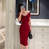 Wine Red French Champs-All Lys¨¦e Classic Shoulder Tea Dress High Waist Repair Body Scuffled Ass Bent Dress Woman 68HZ