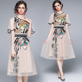 Round Collar Lotus Leaf Short Sleeve Heavy Industry Mesh Embroidery Flower Waist Swing Princess Style Dress 2025 Summer New 68HZ