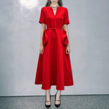 Elegant Wind V-Neck Waist-Skinny Dress 2025 New Niche Design Sense Splicing Three-Dimensional Flower Dress Woman 68HZ