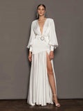 Evening Dress Women 2025 New Autumn Sexy Open Fork Lantern Sleeves Thin Famous French-Style Fasting Long Skirt 68HZ
