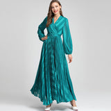 Vintage Style V-Neck Lantern Long-Sleeved With Blue Folded Dress Dress Dress Women's New Autumn/Winter 2024 68HZ