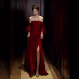 Red Toasting Female Senior Sense Bride Shoulder French Light Luxury High-End Engagement Dress Temperament 68HZ