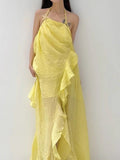 Naughty Fashion Show-Back Vintage Linen-Backed Lint-Slanted Shoulder-Hanging Neck Dress Dress Female Designer 68HZ