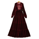 Fashion Hollow Embroidered Long-Sleeved Wine Red Velvet Princess Dress Dress Autumn And Winter Women's Dress New 2025 68HZ