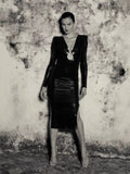 Sexy Temperament V-Neck Snake-Shaped Accessory Long-Sleeved PU Leather Ass Leather Dress Autumn And Winter New Dress 68HZ