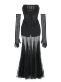 Autumn/Winter 2024 New Black Lace Breast Dress Long Dress Women's Gloves Three-Piece Set 68HZ
