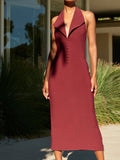 Sexy Dress Women's Sexy Bare Back V-Neck Suit Medium Long Dress Tight-Fitched And Forked Hanging Neck Dress 68HZ