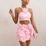 New Sexy Suit Top Hanging Neck Decoration Flower Skirt Temperament Women's High-End Short Dress Two Sets 68HZ